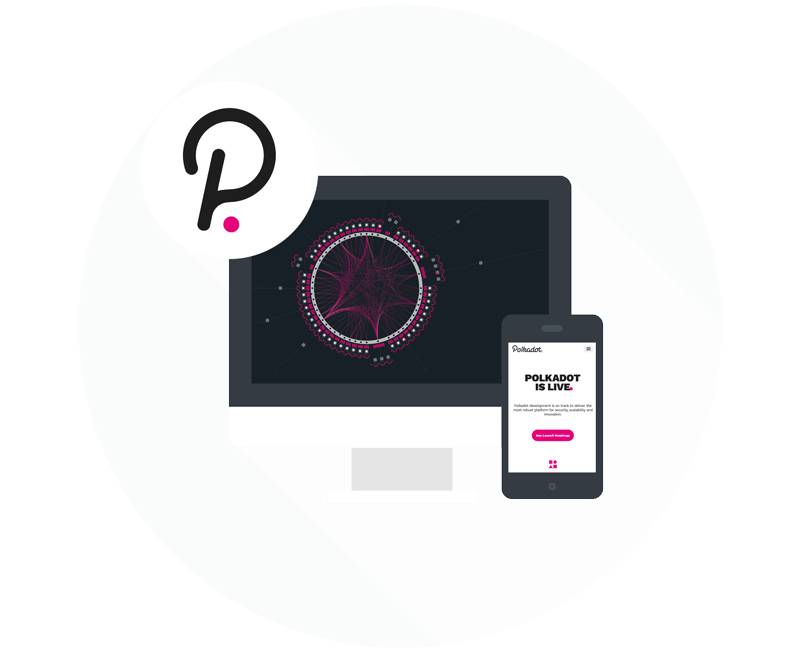 Polkadot Logo auf MAC- und Smartphone Bildschirm