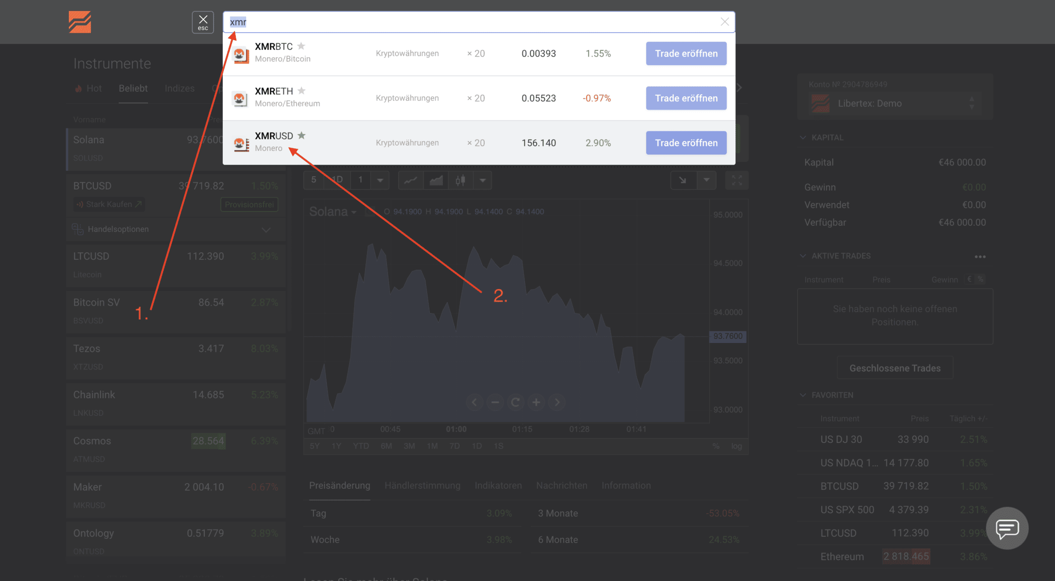 Libertex Monero in Suchleiste eingeben und Handelspaar XMR/USD auswählen